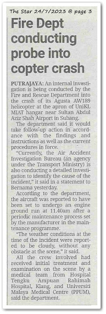 Fire Dept conducting probe into copter crash - Keratan akhbar The Star 24 Julai 2023