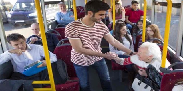 You're sitting in a bus which is completely filled. An elderly man/woman enters the bus. What Achai can you do?