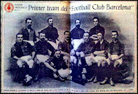 F. C. BARCELONA - Barcelona, España - Temporada 1902-03 - Llocet, Gass, Reig y Vidal; Ossó, Steimberg, Meyer, A. Witty, Gamper, Harris y Lassaleta - ESPAÑOL DE BARCELONA 2 BARCELONA 2 (Gamper, Harris) - 26/04/1903 - Copa de Barcelona, final - El Barcelona se proclamó ganador de la 1ª Copa Barcelona, trofeo que fue embrión de la Copa de Cataluña