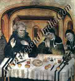 Simple fare, St Benedict and his sister St Scholastica share a simple meal offish, bread and wine. Meals in most monasteries followed a similar pattern of frugality meat was not permitted. 