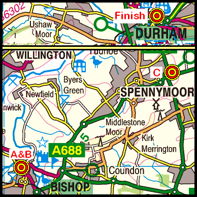 Map of the Bishop Auckland to Durham area