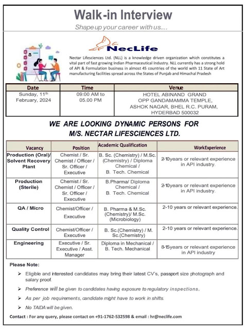 Nectar Life Sciences | Walk-in interview for Multiple Departments on 11th Feb 2024