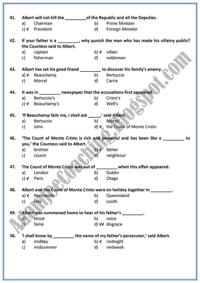 The-Counts-Revenge-Characters-MCQs-English-XI