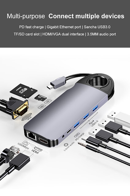 HOWEI 10 In 1 USB-C Hub Docking Station Adapter With 3 * USB 3.0 / 60W Type-C PD / 4K HD Display Video Output / 1080P VGA / RJ45 Network Port / 3.5mm Audio Jack / Memory Card Readers