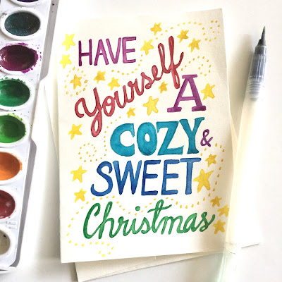 greeting card, handmade card, Christmas card, paper crafts, brush lettering, hand lettering, calligraphy, watercolor, aqua brush, paint brush, blah to TADA