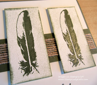 Close-up of the sponging on a Card with a trio of feathers  made with Stampin'UP!'s Feather Together stamp set