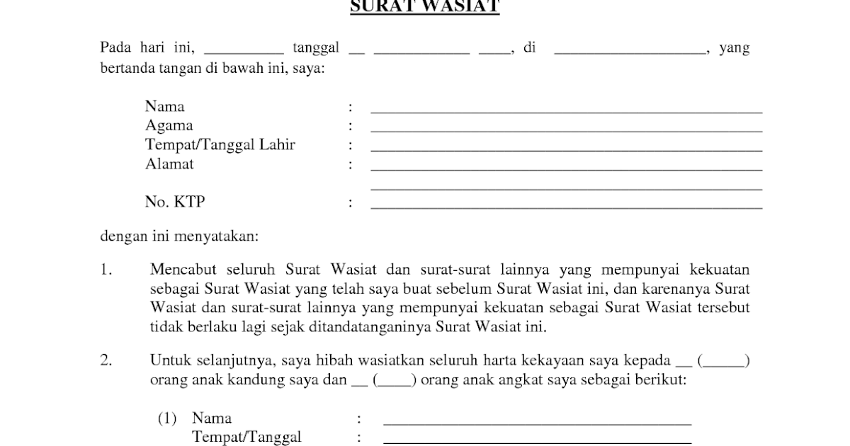 Contoh Surat Wasiat Harta Menurut Islam Contoh Surat Dasar Hukum Surat Wasiat dalam KUHPertadata Kompilasi Hukum Islam KUHPerdata.