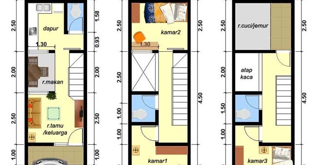 Desain Rumah Lebar 3 Meter 3 Lantai 3 Kamar Tidur - PARTUKANG