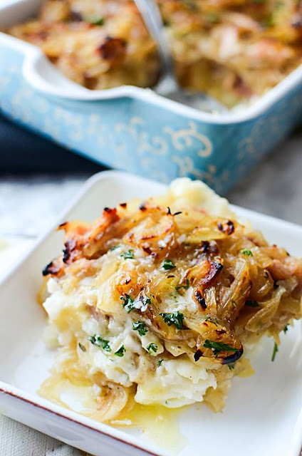 Creamy  instant pot mashed potatoes with caramelized onions and bacon recipe.