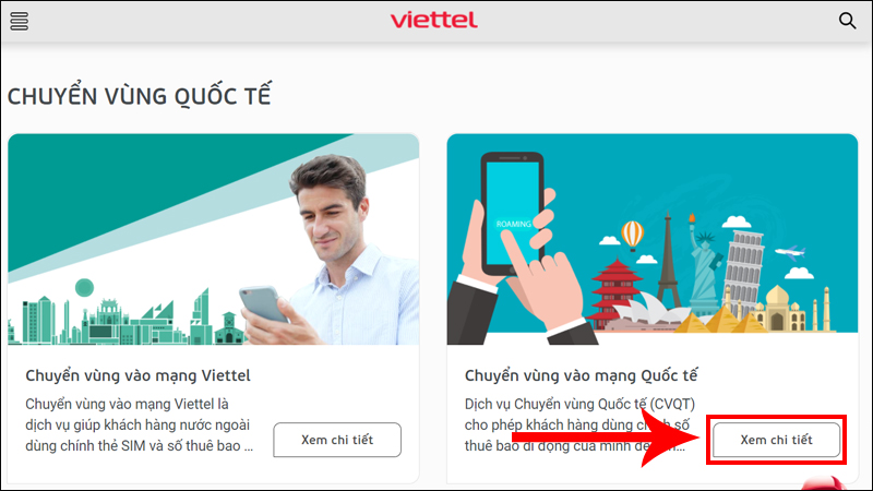 Nhấn Xem chi tiết tại mục Chuyển vùng vào mạng quốc tế
