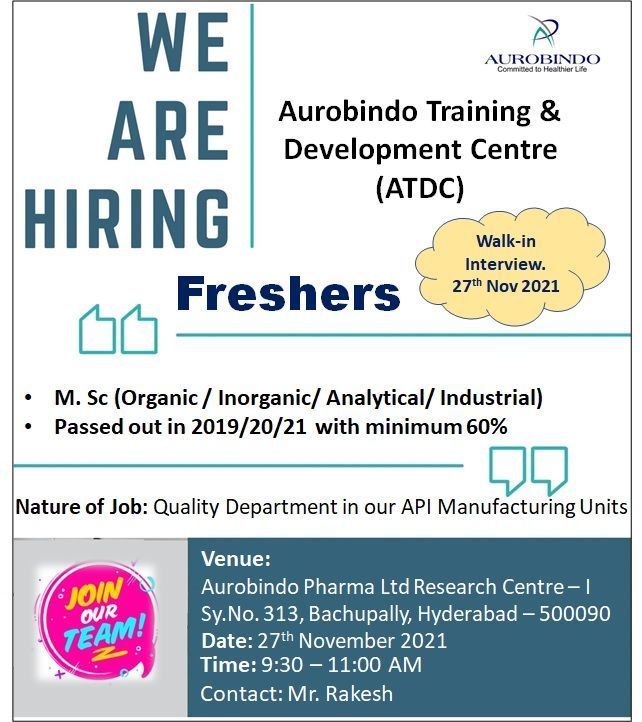 Job Availables,Aurobindo Pharma Ltd  Walk-In-Interview For M.Sc (Organic/ Inorganic/ Analytical/ Industrial)- Freshers