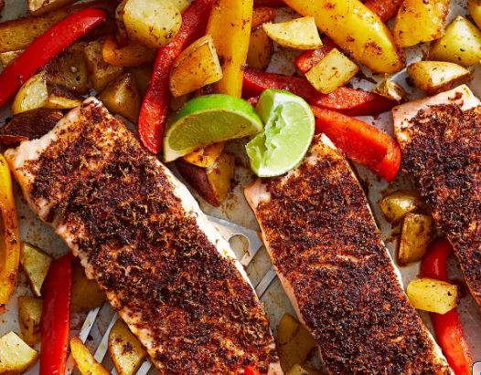 Sheet-Skillet Bean stew Lime Salmon with Potatoes Peppers