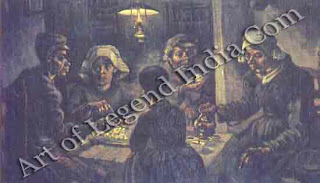 Dutch peasants, The dark masterpiece of Van Gogh's early period, The Potato Eaters (left) is coloured 'like a dusty potato'. It shows Vincent's concern for the hard life of the Dutch peasant, and his respect for the dignity of labour which is also shown in Peasant.
