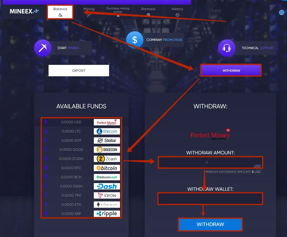 Вывод средств в Cloud Mining Mineex