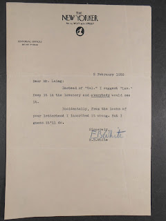 A typed letter on New Yorker letterhead reading, in full "Dear. Mr. Laing: Instead of 'Val.' I suggest 'Lav.' Keep it in the lavatory and everybody would see it. Incidentally, from the looks of your letterhead I inscribed it wrong. But I guess it'll do. Sincerely, E.B. White."