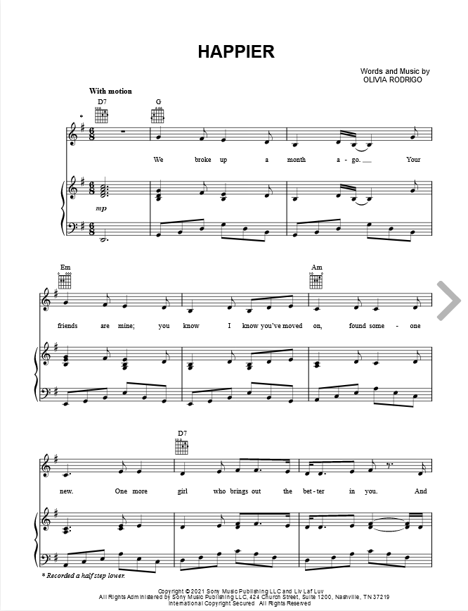 Piano Sheet Music. Piano Notes.: Olivia Rodrigo - Happier Piano Sheet Music