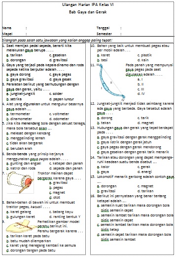 Soal Ulangan Harian IPA Kelas VI Bab Gaya dan Gerak