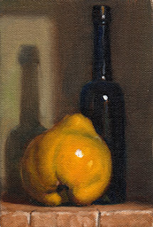 Oil painting of a quince beside an antique blue castor oil bottle.