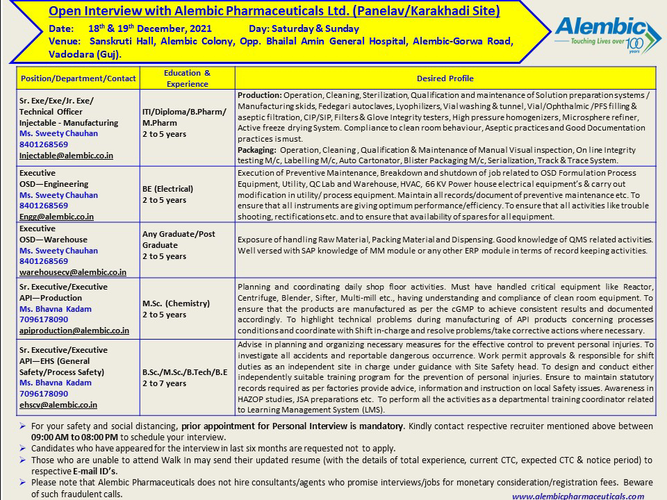 Job Availables,Alembic Pharmaceuticals Ltd.  Job Vacancy For B.Pharm/ M.Pharm/ B.E./ B.Tech/ MSc/ BSc/ Diploma/ ITI