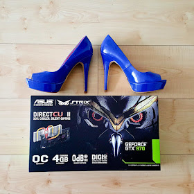 Blue high heels and ASUS GeFore GTX 970 video graphics card