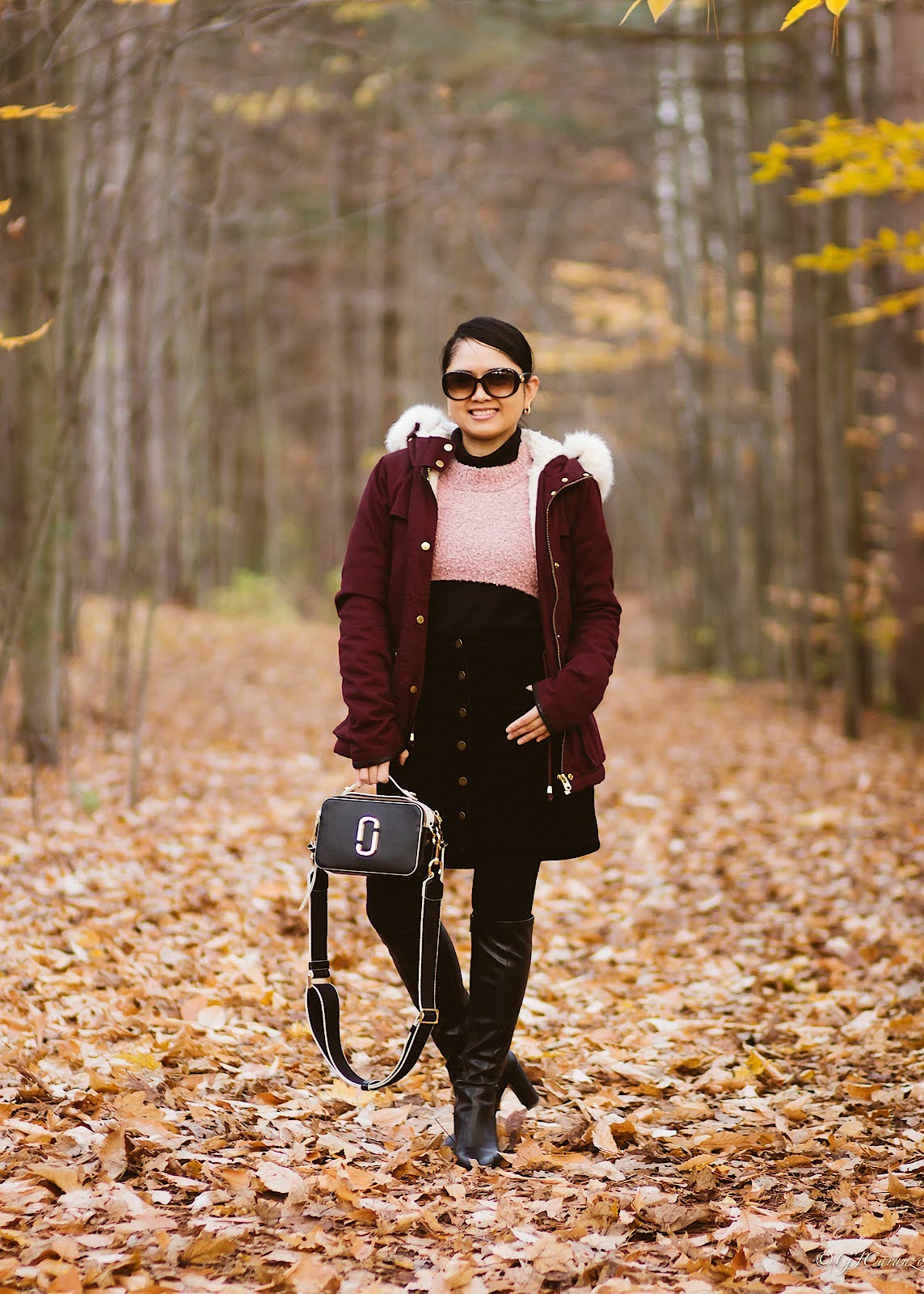 Topshop Hooded Parka | Franco Sarto Knee High Boots | Gucci Sunglasses | Marc Jacobs Sure Shot Bag | Corduroy Skirt | Petite Style | Fall Fashion