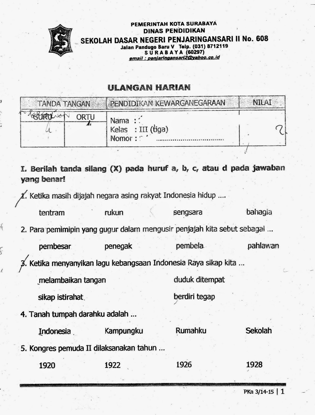 Ulangan Harian PKN Semester Ganjil Kelas 3 SD TA 2014 2015