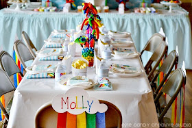 rainbow birthday party decor, rainbow place setting, rainbow table and chairs, rainbow rable decor