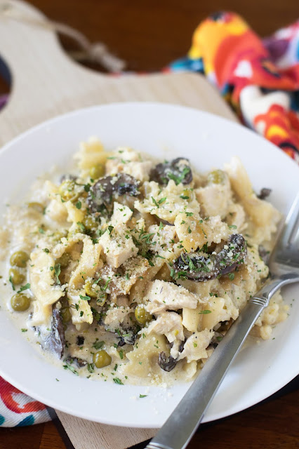 The finished Crockpot Turkey Tetrazzini Recipe on a white plate. 