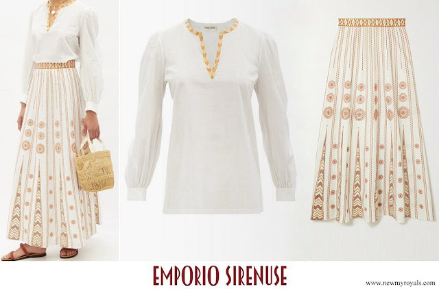 Queen Rania wore Emporio Sirenuse Vera Embroidered Cotton Top and Camille Backgammon Embroidered Cotton Maxi Skirt