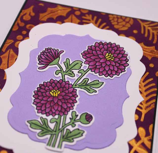 Chrysanthemum Card by Guest Designer Brennan Keane | Chrysanthemum Stamp Set and Holiday Foliage Stencil by Newton's Nook Designs #newtonsnook #handmade