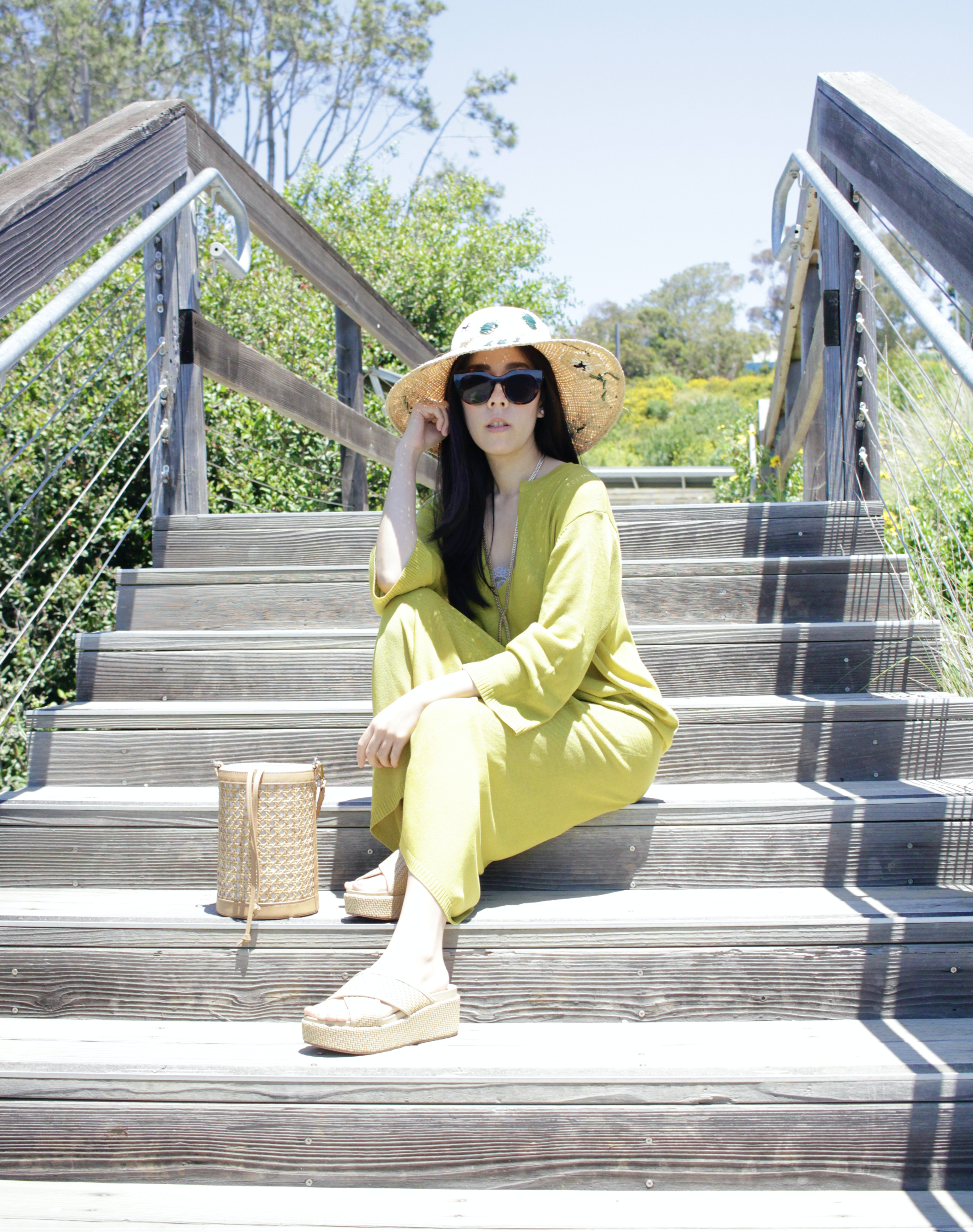 Chartreuse Zara V Neck Midi Dress with Gottex Punta Cana Raffia Flower Sun Hat and Tommy Bahama Rattan Bucket Bag_J/Slide Platform Sandals_La Jolla_Adrienne Nguyen