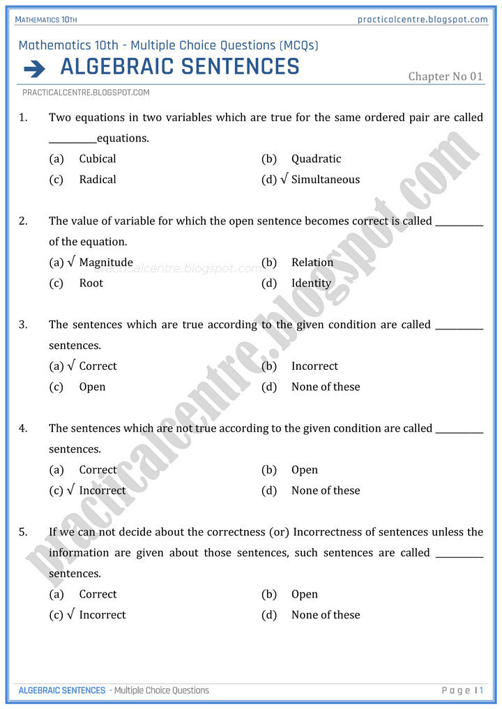 algebraic-sentences-mcqs-mathematics-10th