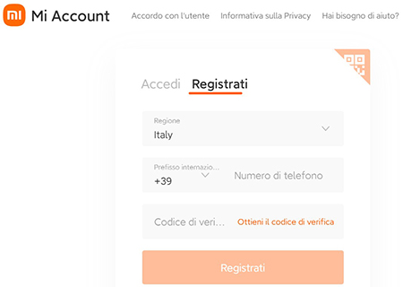 Creare account Xiaomi usando il proprio numero di telefono