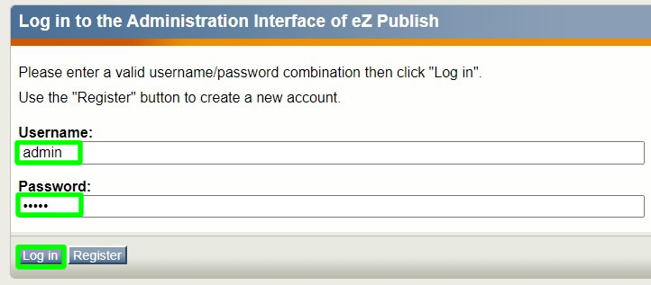 sample admin login ez publish website