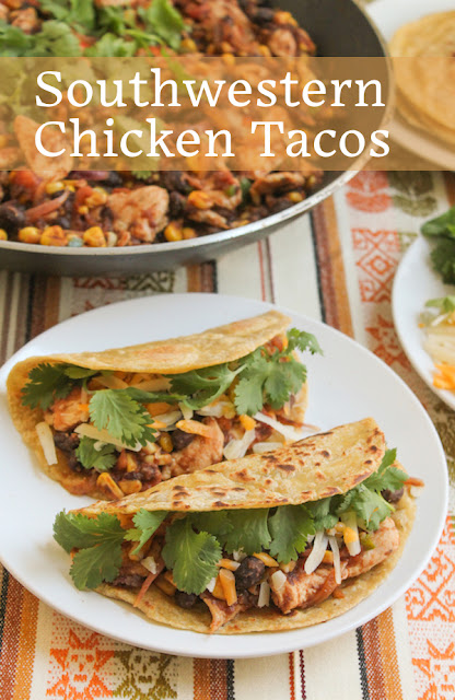 Food Lust People Love: The filling for these Southwestern Chicken Tacos includes corn, black beans, tomatoes, jalapeños, onions and cilantro so, to serve, all you need to add is cheese and the tortillas! (And extra cilantro, if desired.)