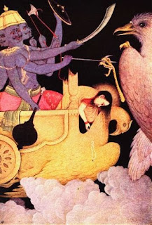 Jatayu, incarnation of Garuda and king of the vultures, swooping down on Ravana as he abducts Sita in his magic chariot Pushpaka. Jatayu was fatally wounded, but lived long enough to tell Rama what had happened. From a copy of a Moghul painting, seventeenth century, Bharata Kala Bhavan, Banaras Hindu University.