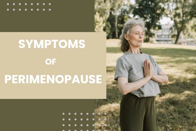 Woman with symptoms of perimenopause practicing yoga for symptom management.