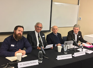 Analysing China ... Dr Stephen Noakes (from left), Dr David Williams (host), Professor David Matas and Barry Wilson talking to the audience at the University of Auckland last week. Image: Rahul Bhattarai/PMC