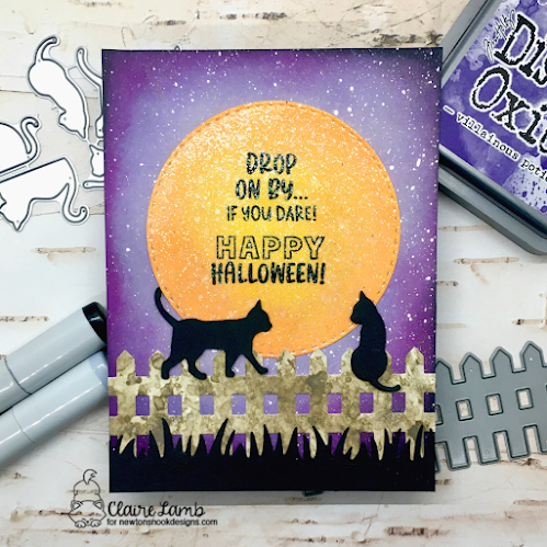 Drop on by if you dare by Claire features Cat Silhouettes, Fence, Land Borders, and Circle Frames by Newton's Nook Designs; #inkypaws, #newtonsnook, #catcards, #halloweencards, #cardmakng