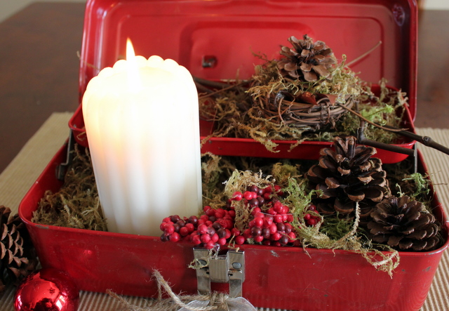 centerpiece, Christmas, candle, junk, tool box, http://bec4-beyondthepicketfence.blogspot.com/2015/10/its-beginning-to-look-lot-like.html