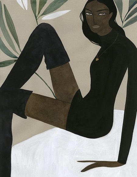 Kelly Beeman arte | dibujo en acuarela de mujer elegante en mini vestido negro y botas largas