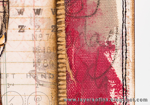 Layers of ink - Fabric Pieced Cards tutorial by Anna-Karin with Dina Wakley stamps and Tim Holtz Eclectic Elements.