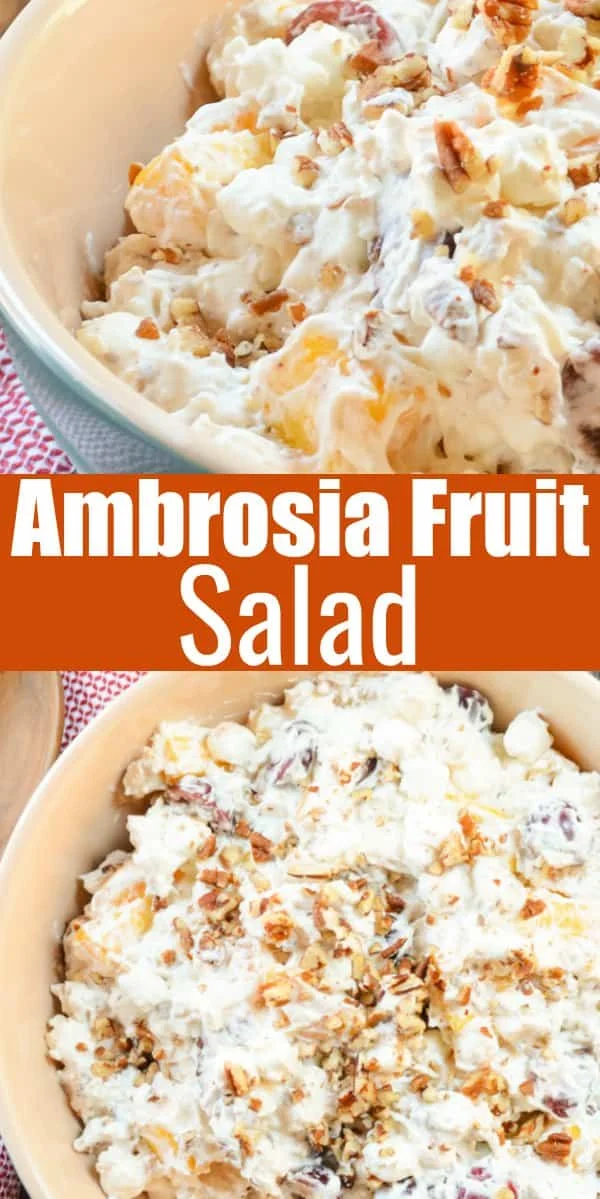 Ambrosia Fruit Salad Recipe is a creamy fruit salad with whipped cream and greek yogurt sweetened with honey. Fresh Pineapple, mandarin oranges, coconut, nuts makes this a holiday favorite for Thanksgiving and Christmas. Ambrosia Salad translates to food of the Gods in greek from Serena Bakes Simply From Scratch.