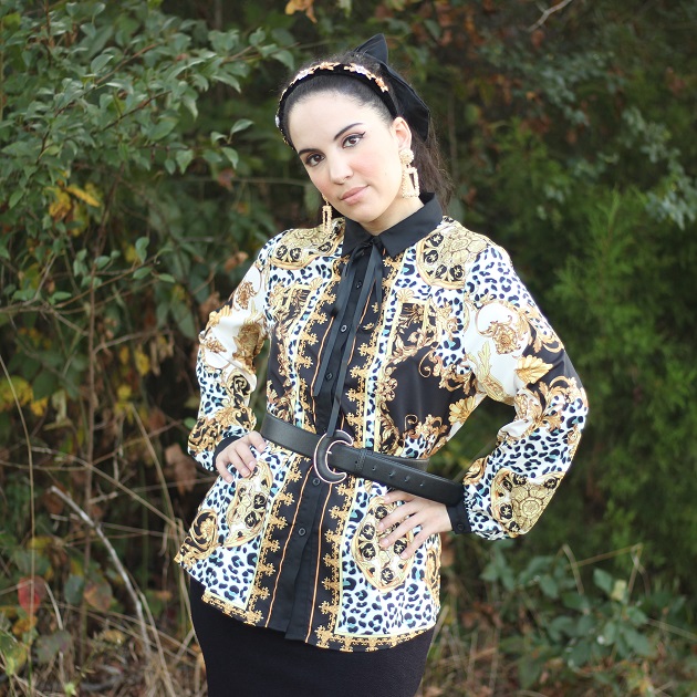 SHEIN Black and Gold Scarf Print Blouse