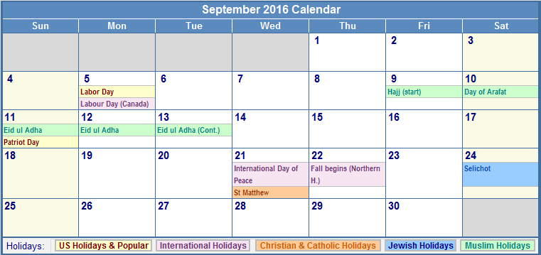 September 16 Calendar With Holidays Usa Uk Canada