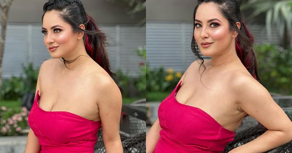 Puja Banerjee cleavgae pink off shoulder dress