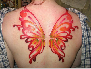 Red colour Butterfly Wings Tattoo on Back