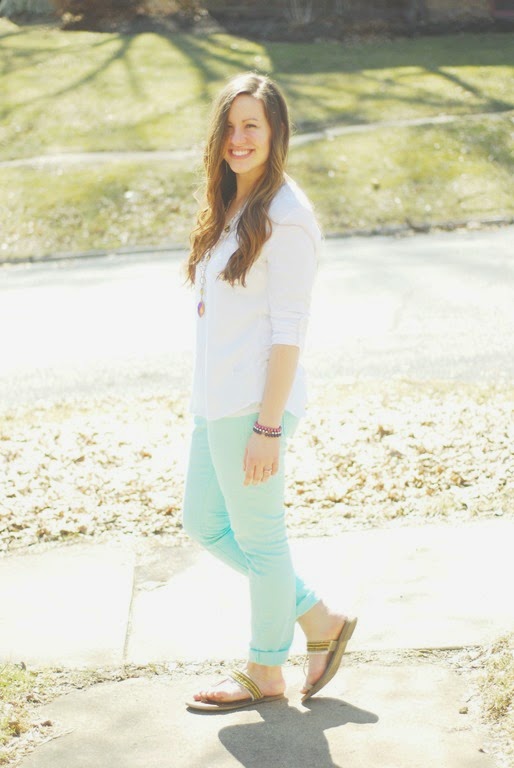 white blouse, mint jeans