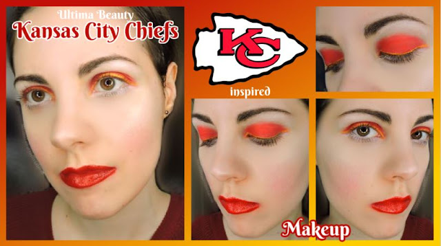 Collage of 5 Photos: Text reads: "Ultima Beauty Kansas Chiefs inspired makeup" Photo 1: Ultima Beauty Wearing Kansas City Chiefs inspired makeup; Photo 2: Kansas City Chiefs' logo; Photo 3: Close up of Ultima Beauty Wearing Kansas City Chiefs inspired eyeshadow; Photo 4: Ultima Beauty Wearing Kansas City Chiefs inspired makeup, eyes closed; Photo 5: Ultima Beauty Wearing Kansas City Chiefs inspired makeup, eyes opened