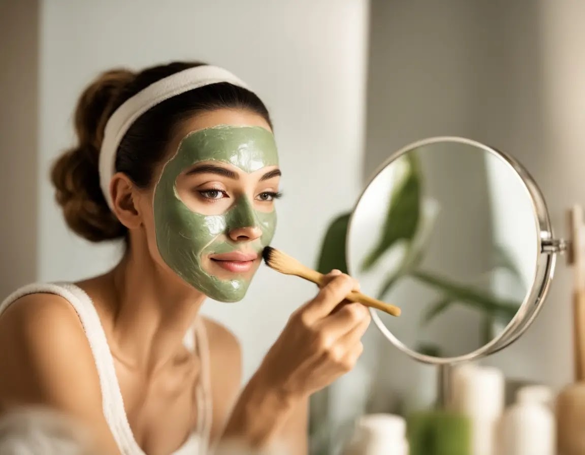 Woman applying homemade aloe vera mask on face for glowing skin